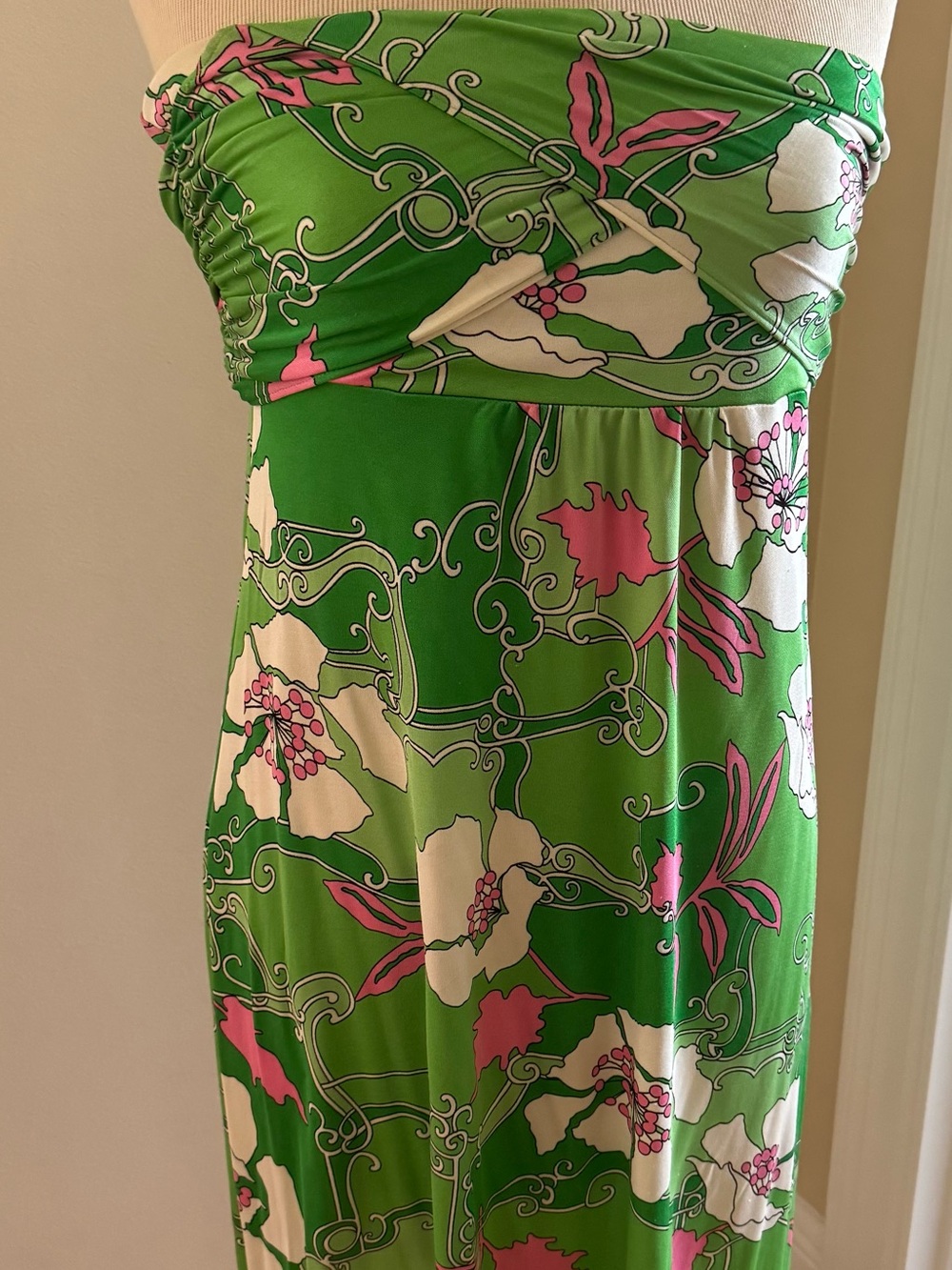 Tibi Strapless Green Floral Maxi Dress with Pink and White Accents